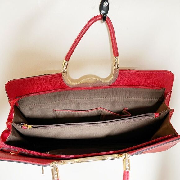 Women’s Red Satchel Purse Gold Details Double Top Handle Hard Side Large Bag - Picture 7 of 7